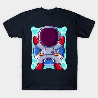 Cute Astronaut Relaxing on Inflatable Ring Cartoon T-Shirt